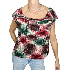 Boxy short sleeve hand knit muted green red pink white sweater